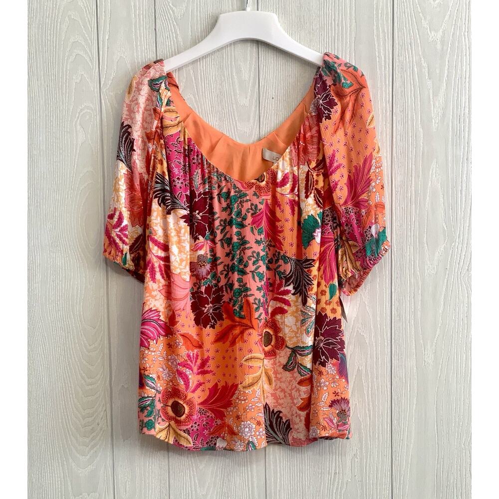 LOFT Pink Orange Floral V-Neck Short Sleeve Top Large NWT
